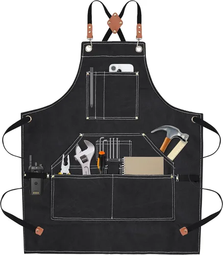 Vista 5 de Yxiang Black Handmade Work Apron with 11 Tool Pockets, Heavy Duty Waxed Canvas Workshop Tool Aprons Woodworking Apron