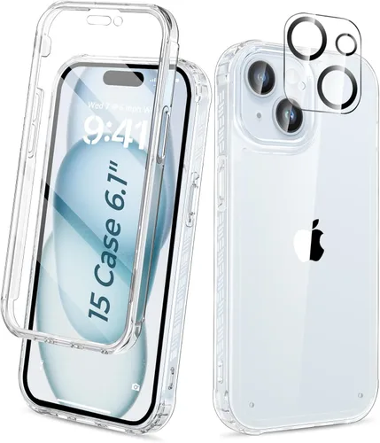 Vista 54 de Funda para iPhone 15 de cuerpo completo, protector de pantalla integrado, con protector de lente de cámara, [antiamarilleamiento], funda protectora