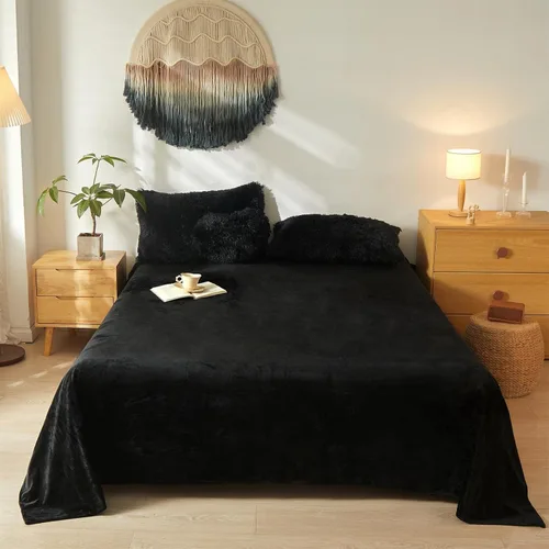 Vista 4 de Juego de funda de edredón lanuda de 5 piezas, juego de edredón de piel sintética esponjosa color negro, tamaño Queen, ropa de cama mullida