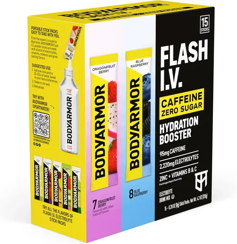 Vista 3 de BODYARMOR Caffeinated Flash IV Electrolyte Packets, Blue Raspberry & Dragonfruit Berry Variety Pack, Zero Sugar Energy Drink Mix, Single Serve