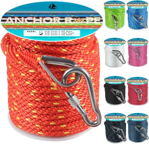 Vista 28 de Cuerda de anclaje de 1/2 pulgada y 50 pies, cuerda de anclaje para barco, trenza sólida MFP, línea de anclaje con dedal de acero inoxidable 316