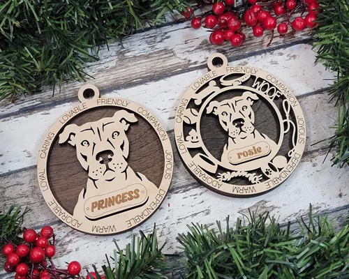 Vista 3 de Adorno de Navidad personalizado para perro Cavalier King Charles Spaniel, redondo de 3 pulgadas, madera cortada con láser de 2 capas, nombre y texto