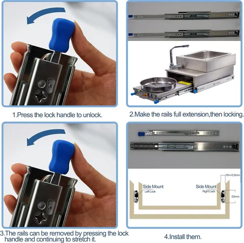 Vista 4 de 1 par de guías de cajón de bloqueo resistentes de 20 pulgadas y 260 libras con tornillos, extensión completa de montaje lateral, 3 rodamientos