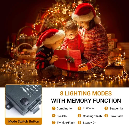 Vista 4 de Luces de Navidad operadas por batería - 132 pies, 300 LED, 8 modos, impermeables para interiores y exteriores, luces de hadas, tiras de luces