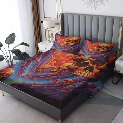 Vista 8 de Juego de sábanas de calavera tamaño individual, sábanas de microfibra suave con bolsillo profundo, sábanas y fundas de almohada estampadas sin