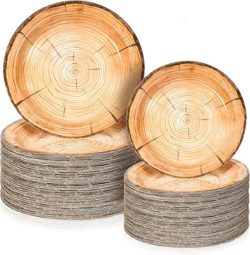 Vista 8 de Tioncy 50 platos de papel de grano de madera de 7 pulgadas y 9 pulgadas, plato de madera rústica, redondo, desechable, para bosque, baby shower