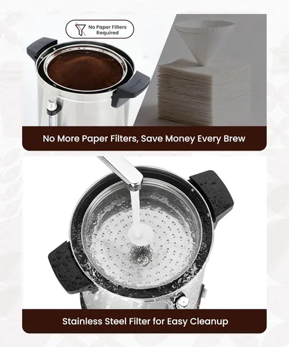 Vista 6 de Cafetera comercial de 40 tazas de café grande con percolador, cafetera eléctrica de acero inoxidable de 6 L, dispensador de agua caliente