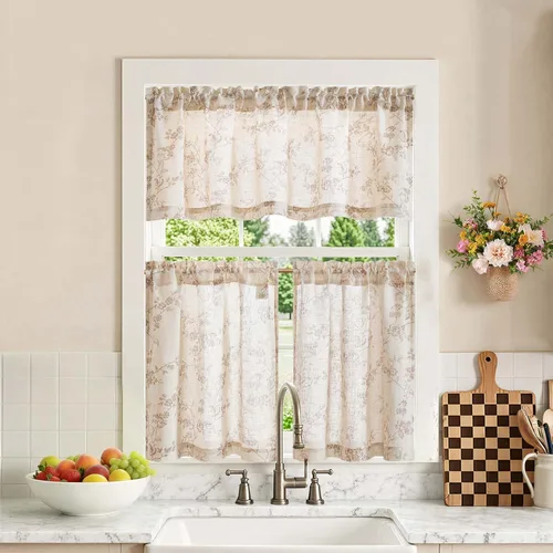 Vista 21 de jinchan Juego de cortinas florales de cocina, cortinas de lino y cenefa para ventanas pequeñas, 24 pulgadas de largo para cafetería, sala de estar