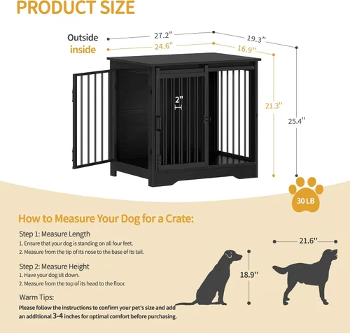 Vista 3 de Mueble de jaula para perros de 27.2 pulgadas con puerta de granero, perrera resistente para interiores con 2 puertas, mesa auxiliar jaula de madera