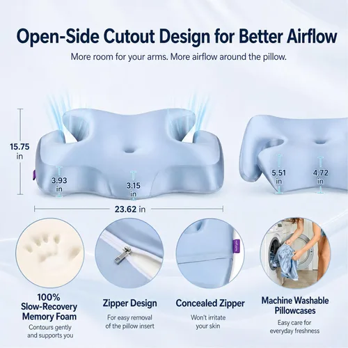 Vista 6 de Almohada cervical cervical para dormir, almohada de contorno de espuma viscoelástica de firmeza media con orificios para los brazos, 2 alturas