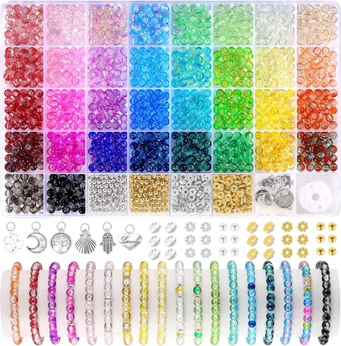 Vista 13 de 1368 piezas de cuentas de vidrio de 6 mm para pulseras, 34 colores de cuentas de cristal para hacer joyas, cuentas redondas de vidrio Funtopia