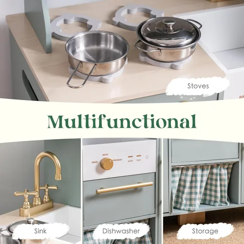 Vista 6 de ROBUD Juego de Cocina de Juguete, Cocina de Madera con Máquina de Hielo, Refrigerador, Cafetera, Horno, Lavavajillas, Microondas, Accesorios