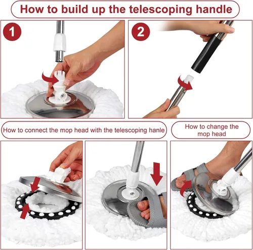 Vista 3 de Juego de trapeador giratorio y cubo con escurridor, Sistema de cubo de trapeador giratorio de 360° con 3 cabezales de repuesto de microfibra y mango