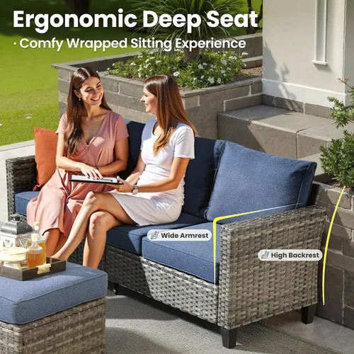 Vista 2 de ovios Juego de muebles de patio de 3 piezas para exteriores con otomanas, sofá de ratán de mimbre con reposapiés, cómodos cojines, sofás para todo