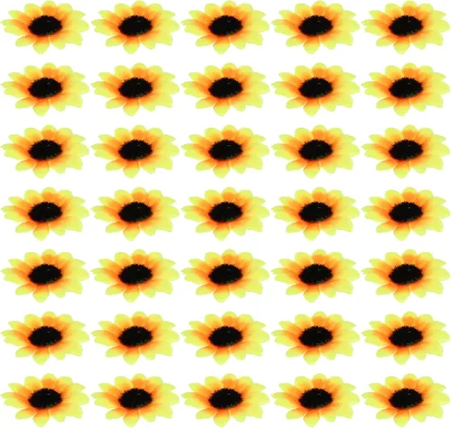 Vista 9 de Uonlytech 100 cabezas de girasol artificiales de plástico, cabezas de girasol pequeñas para decoración de pasteles de boda, fiesta en el hogar