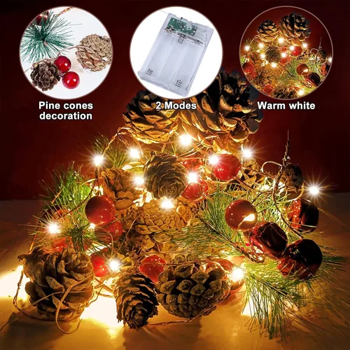 Vista 2 de Guirnalda de Navidad de 30 luces LED de 10 pies con luces, decoraciones de cono de pino para interior del hogar, chimenea, escalera
