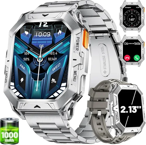 Vista 9 de LIGE - Reloj inteligente con batería de 1000 mAh, pantalla táctil completa AMOLED de 5,4 cm, relojes inteligentes militares para hombre con función