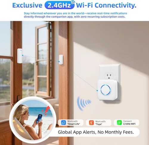 Vista 2 de Timbre con sensor de puerta WiFi, sensor inteligente de ventana de alerta abierta para empresas/hogar/niños, notificación de aplicación en tiempo