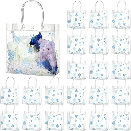 Vista 8 de Cholemy 24 bolsas de regalo de plástico transparente con diseño de copo de nieve de invierno con asas, bolsas de regalo transparentes