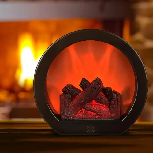 Vista 31 de Farol de chimenea pequeño y acogedor tradicional realista con efecto de llama de leña, luz LED, estilo carbón, lámpara de mesa
