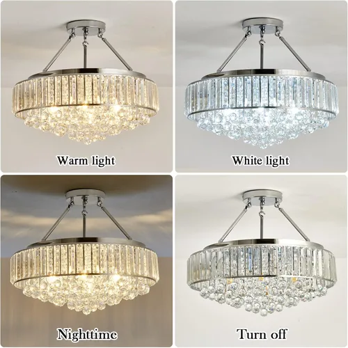 Vista 4 de YYJLX Lámpara de araña de cristal redonda grande moderna de 6 luces, cromada, de montaje semiempotrado, lámpara de techo E26 para comedor, sala