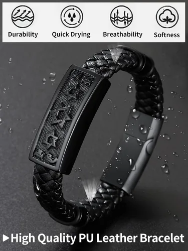 Vista 5 de ChainsHouse Mens Leather Link Bracelet for Men Women, Star of Davidc. Wing SkullTemplar Cross Genuine Leather Bracelet, Customized DIY Waterproof