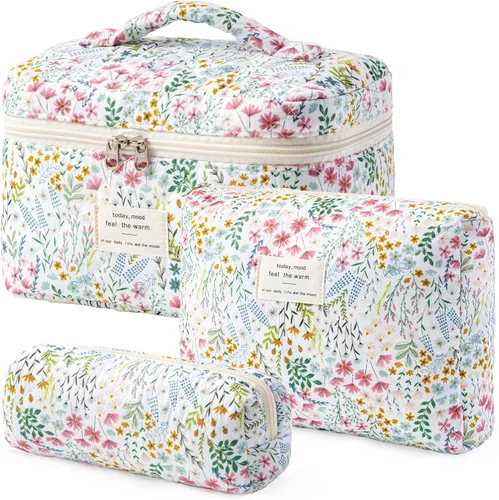 Vista 36 de HBselect Bolsa de Maquillaje Acolchada, 3 Piezas de Gran Bolsa de Maquillaje de Viaje de Algodón, Linda Bolsa de Maquillaje Floral Coquette, Bolsa