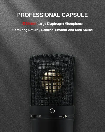 Vista 4 de SUUNTOK Micrófono XLR, Micrófono de condensador profesional con diafragma grande de 34mm, Micrófono de estudio cardioide para grabación TM87KB Kit