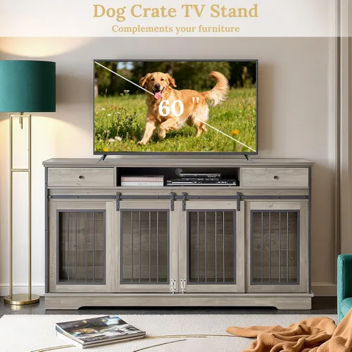 Vista 5 de Rovibek Muebles de jaula doble para perros de 66 pulgadas, jaula decorativa 2 en 1 para 2 perros con cajón y divisor extraíble, mesa auxiliar