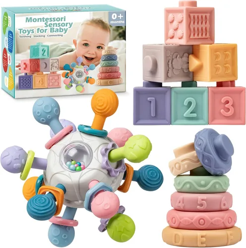 Conjunto de Juguetes Sensoriales y de Dentición para Bebés, Juguetes Montessori para Bebés de 6-12 Meses, Incluye Sonajero, Mordedor para Recién