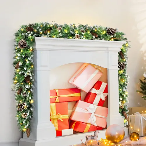 Vista 4 de Jin&Bao Guirnalda de Navidad de 9 pies con luces, 100 LED preiliminada guirnalda de pino nevado verde, decoraciones de Navidad con función