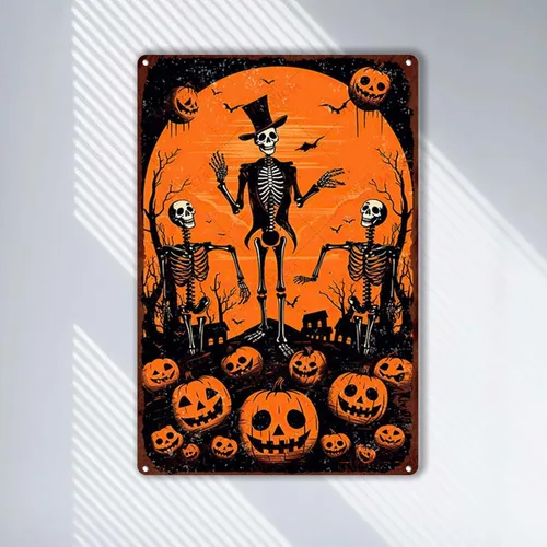 Vista 2 de Letrero retro de hojalata con texto en inglés Happy Halloween para sala de estar, dormitorio, 8.00 x 12.00 pulgadas