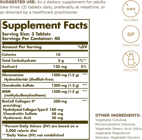 Vista 2 de Solgar Glucosamina Ácido Hialurónico Condroitina MSM (sin Mariscos) 120 Tabletas - 2 Botellas
