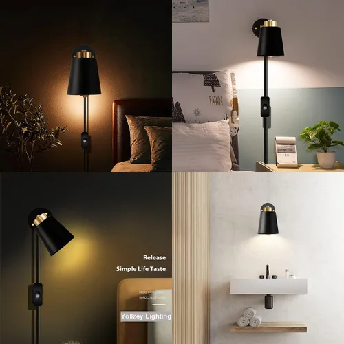 Vista 6 de Yollzey Apliques de pared enchufables, lámpara de pared negra de ángulo giratorio con cable de enchufe, luz de lectura industrial vintage de metal