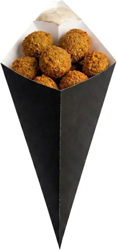 Vista 11 de Restaurantware Conetek - Conos de comida negros ecológicos de 11.5 pulgadas con bolsillo integrado para condimentos: perfectos para aperitivos, cono