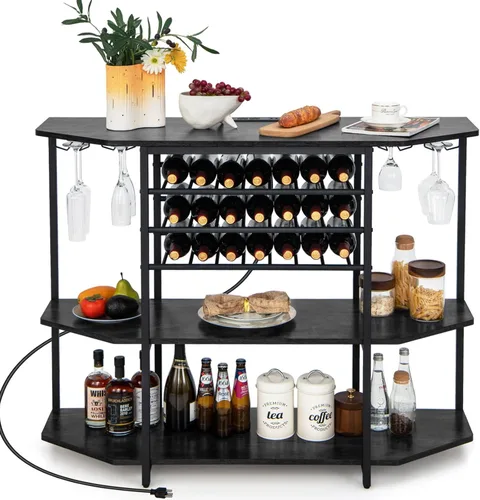 Vista 10 de COSTWAY Armario para bar de vinos, gabinete de licor de 3 niveles con tomas de corriente, estantes para botellas de vino, soportes de vidrio, Marrón