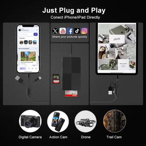Vista 9 de Lector de tarjetas de memoria 8 en 1 con 3 puertos USB, adaptador Lightning/USB-C/USB-A para iPhone/Android/PC/Mac, compatible con tarjetas