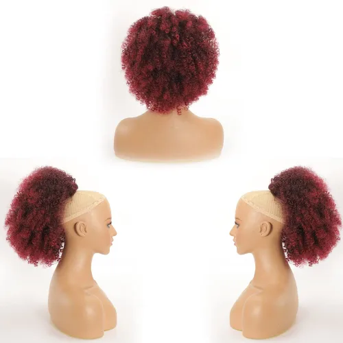 Vista 3 de Extensión de cola de caballo rizada con cordón Afro Puff para mujeres negras, extensiones de cabello sintético corto afro Kinkys rizado, extensión
