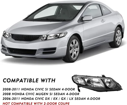 Vista 4 de TUSDAR Juego de montaje de faros delanteros compatible con Honda Civic Sedan 2006-2011 de 4 puertas con bombillas, carcasa negra y reflector