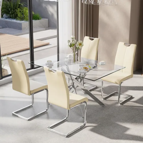 Vista 12 de Juego de mesa de comedor de 5 piezas para 4, mesa rectangular moderna de cristal con 4 sillas tapizadas de cuero, juegos de mesa y sillas de comedor