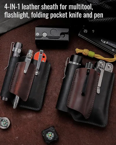Vista 2 de VIPERAED PJ38 Funda multiherramienta de cuero para hombres, 4 en 1, organizador de bolsillo EDC para cuchillo de bolsillo, linterna multiherramienta