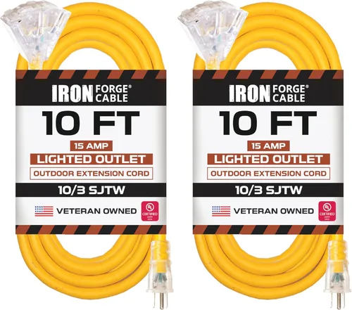 Vista 22 de Iron Forge Cable 3 ft Lighted 10 Gauge Extension Cord 3 Outlets - Heavy Duty Extension Cord Outdoor with Multiple Outlets 15 AMP, 10/3 Black Power
