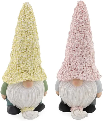 Boston International Figuras de mesa de gnomos de jardín, juego de 2, gnomos de sombrero de margarita