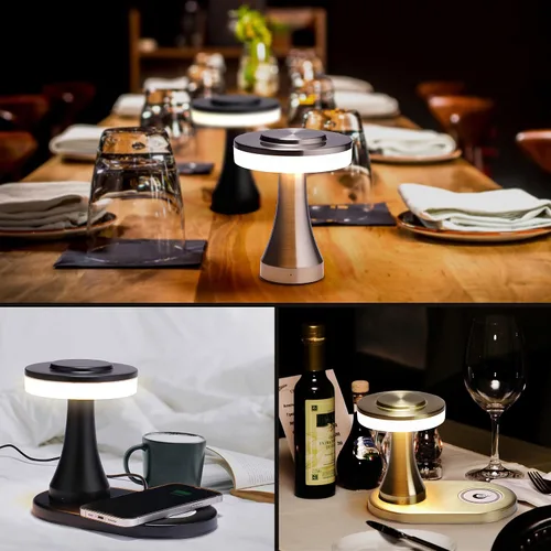 Vista 5 de O'Bright - Lámpara de mesa LED portátil con almohadilla de carga inalámbrica, lámpara de noche regulable y recargable, luz ambiental para Oro