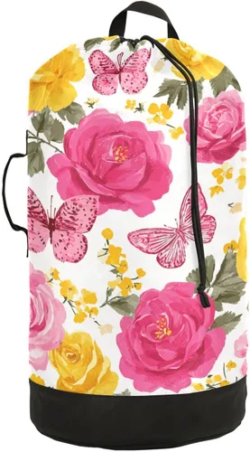 Vista 14 de Mochila de lavandería con hojas de estilo bohemio beige con correas ajustables para el hombro, bolsa de lavandería sucia para viajes, campamento