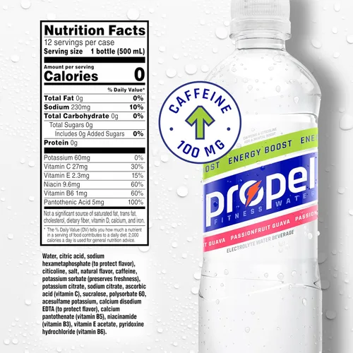 Vista 2 de Propel Energy Boost - Agua con sabor a cero calorías con electrolitos y cafeína, paquete variado de 3 sabores, botellas de 16.9 onzas líquidas