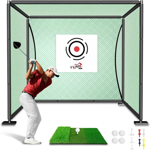 Vista 7 de YUNIC Jaula de práctica de golf con marco de metal - Elija objetivo de golpeo estándar o pantalla de impacto para simulador