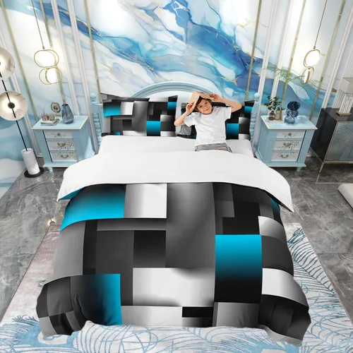 Funda de edredón cuadrada azul, juego de ropa de cama de cuadrícula gris y blanca, funda de edredón moderna para decoración de habitación de niños y