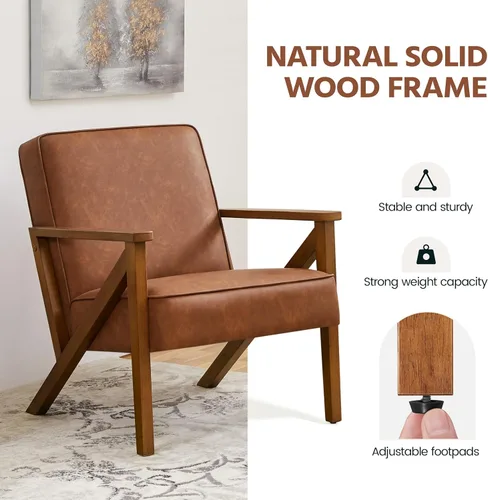 Vista 8 de Yaheetech Silla decorativa de piel sintética con marco de madera, moderna silla retro para sala de estar, oficina, área de recepción, color marrón