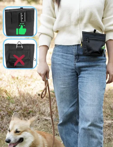Vista 4 de Bolsa para premios de Gobeigo para perros y clicker de entrenamiento, actualización de dos cierres magnéticos para evitar derrames, bolsa de premios